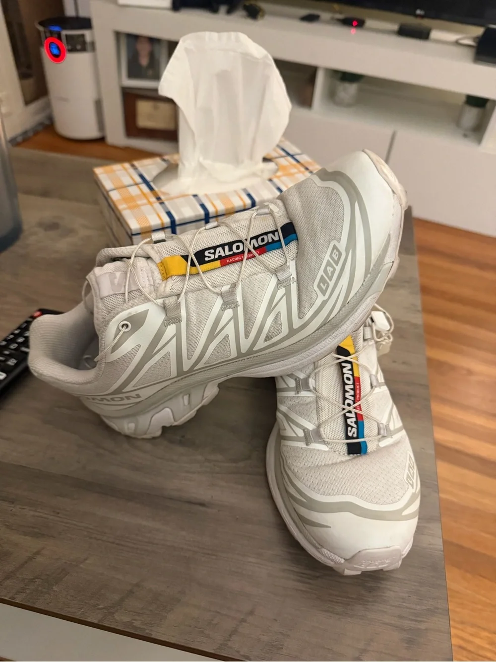 Salomon White and Gray Trail Running Shoes with Multicolor Logo